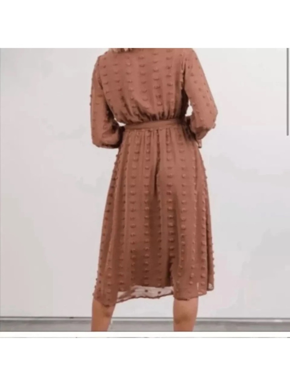 NWOT Baltic Born Brown Camel Swiss Paisley Dot Midi Long Sleeve Dress 1X - Picture 2 of 6